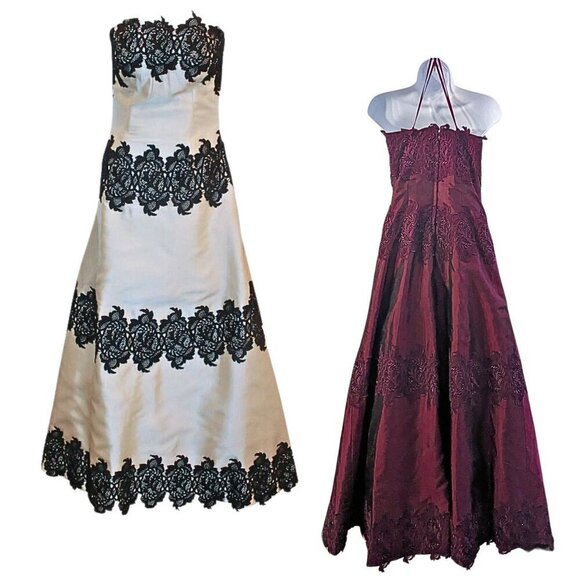 Vtg 2000 HELEN MORLEY Bordeaux Silk Blend Strapless Gown + Shawl Size 14 - Picture 8 of 8